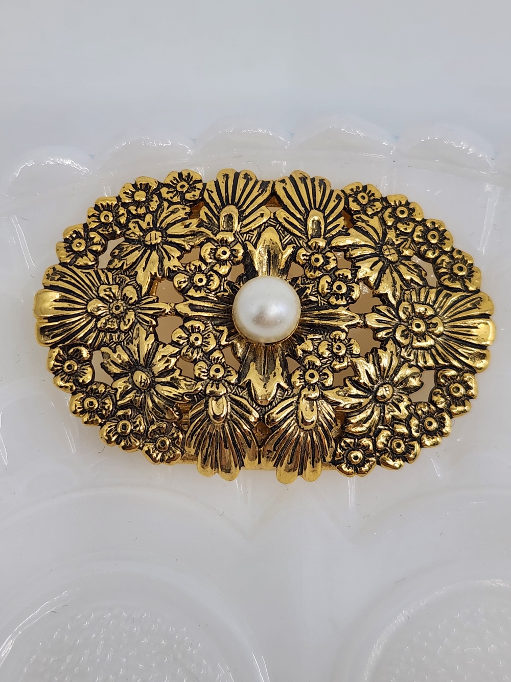 Scarf Clip - Gold-Tone Floral Filigree with Faux Pearl Accent